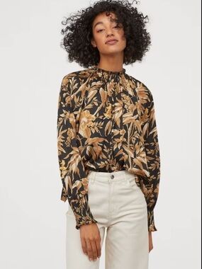 H&M Amber Satin Floral Mockneck Blouse Ruffle Neck Long Sleeve Romantic Chic Top